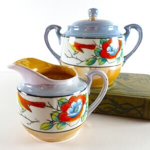 Antique Nippon Japan Cream and Lidded Sugar Set Floral and Bird Luster Finish